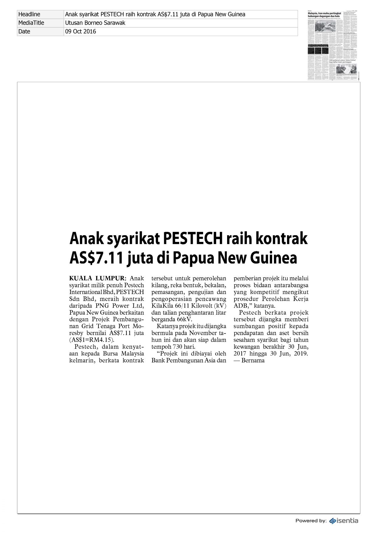 ANAK SYARIKAT PESTECH RAIH KONTRAK AS$7.11 JUTA DI PAPUA NEW GUINEA