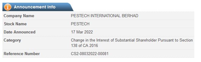 Announcement: Changes in Substantial Shareholder's Interest 17032022 - 03