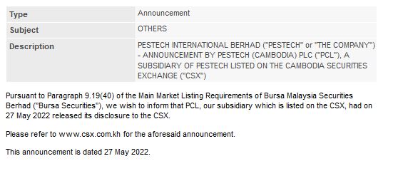 Announcement: Announcement by PCL 27052022 - 01