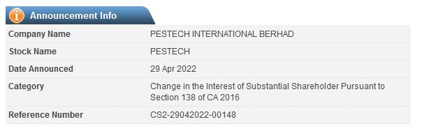 Announcement: Changes in Substantial Shareholder's Interest 29042022 - 03