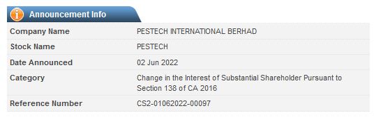 Announcement: Changes in Substantial Shareholder's Interest 02062022 - 03