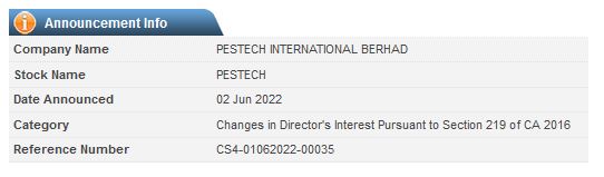 Announcement: Changes in Director's Interest 02062022 - 03
