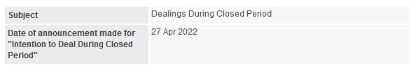 Announcement: Dealings During Closed Period 09052022(b) - 01