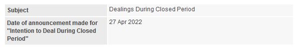 Announcement: Dealings During Closed Period 09052022 - 01