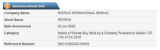 Announcement: Notice of Shares Buy Back By A Company 03062022 - 02