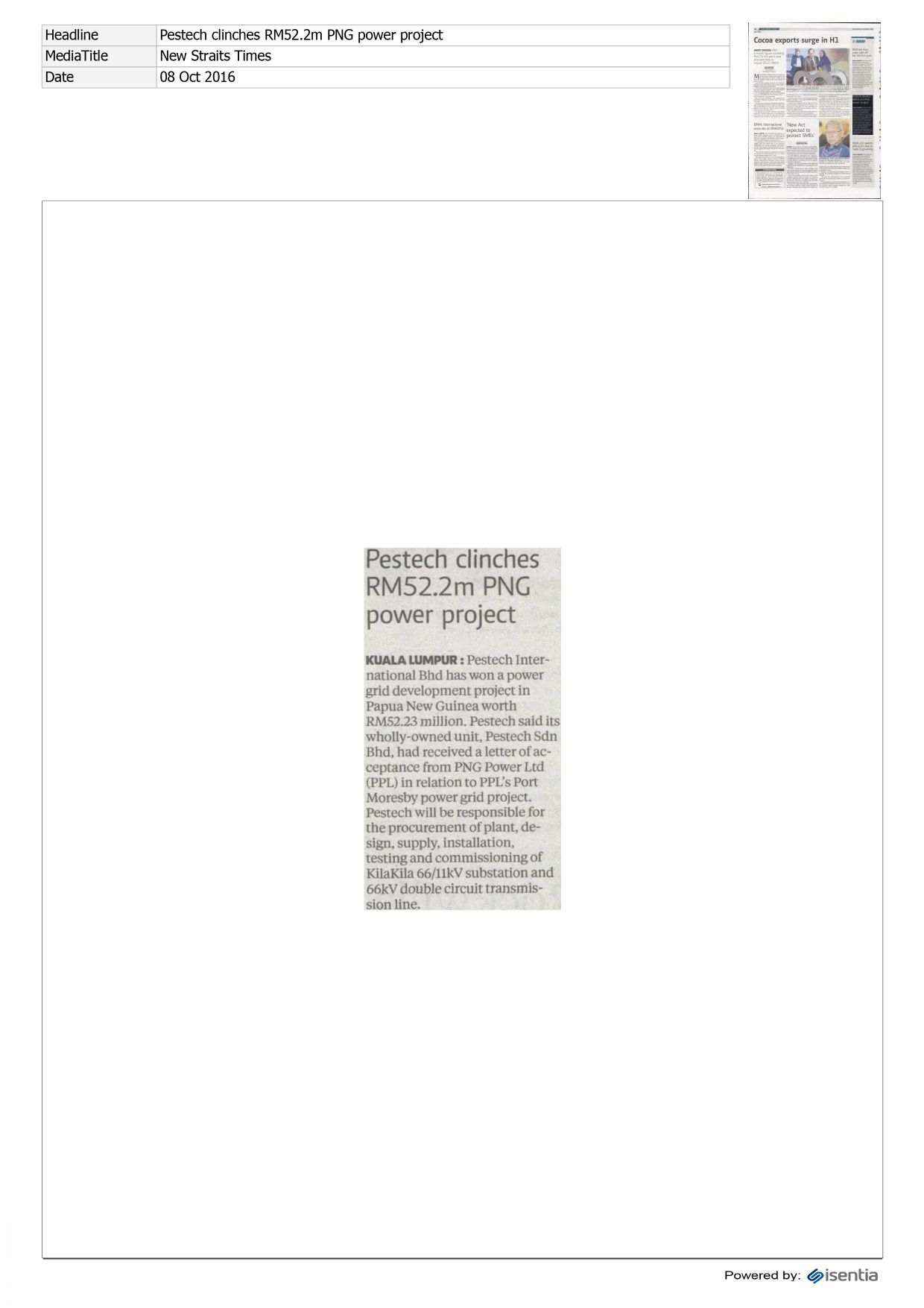 PESTECH CLINCHES RM52.2M PNG POWER PROJECT
