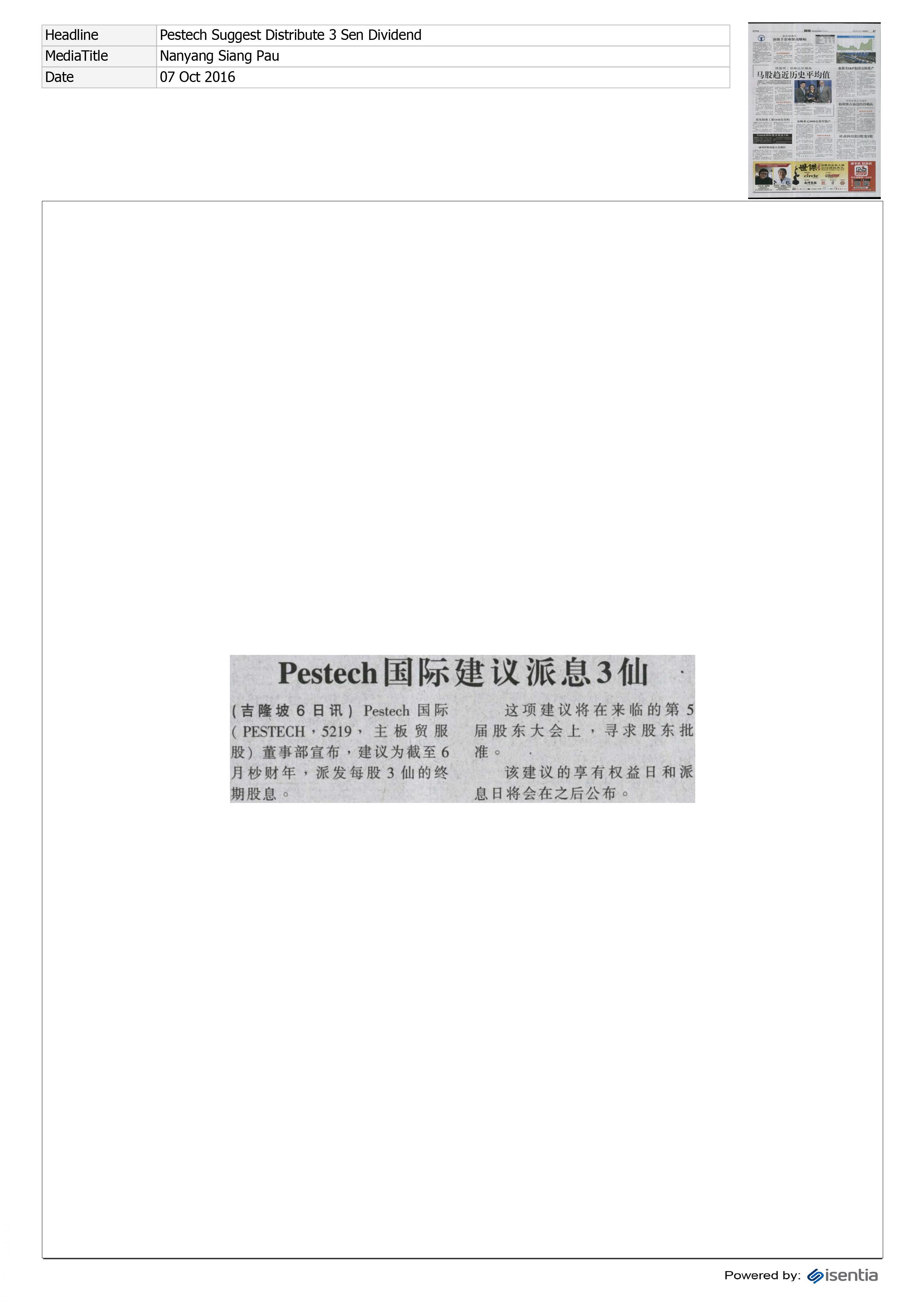 PESTECH SUGGEST DISTRIBUTE 3 SEN DIVIDEND