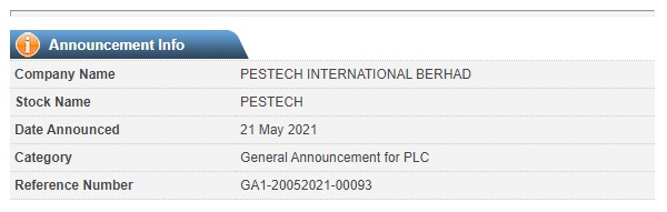 Announcement: PESTECH Cambodia PLC 210521 - 02