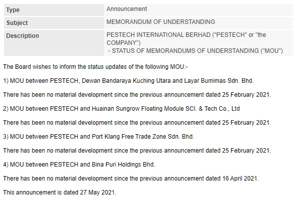 Announcement: Status of MOUs 270521 - 01