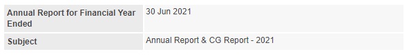 Announcement: Annual Report & CG Report 271021 - 01