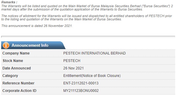 Announcement: Bonus Issue Warrant 261121 - 03