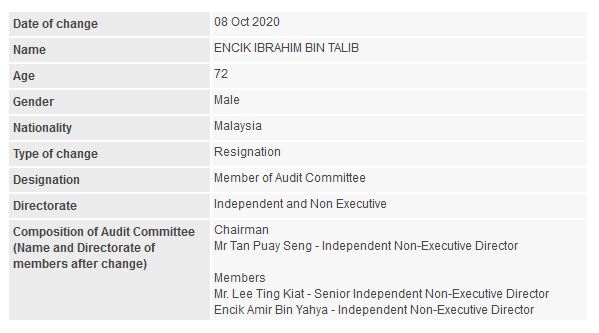 Announcement: Change in Audit Committee (Ibrahim Talib) - 01