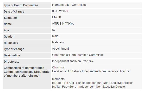 Announcement: Change in Remuneration Committee - 01