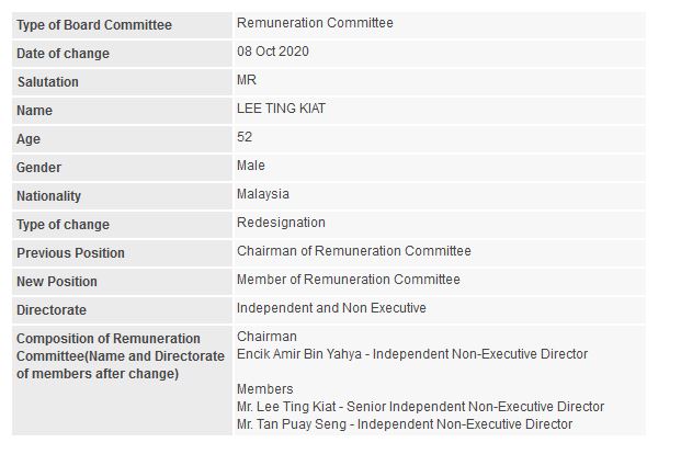 Announcement: Change in Remuneration Committee (Lee Ting Kiat) - 01