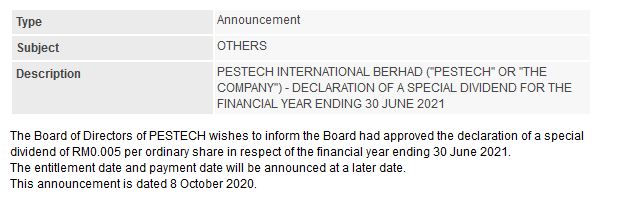 Announcement: Declaration of Special Dividend_08102020 - 01