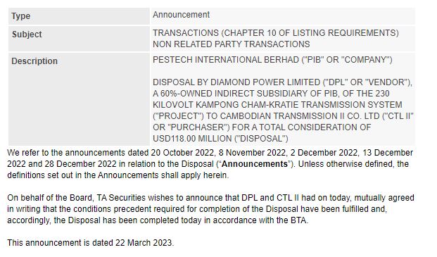 Announcement: Disposal of KgCham - Kratie Project 23032023 - 01