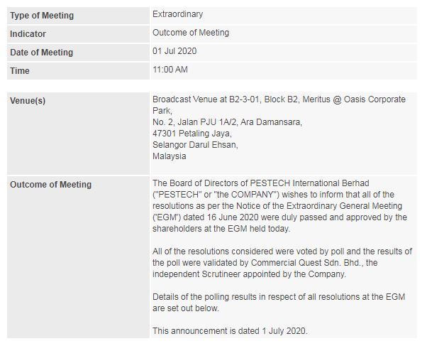 PESTECH EGM Voting Results - 01