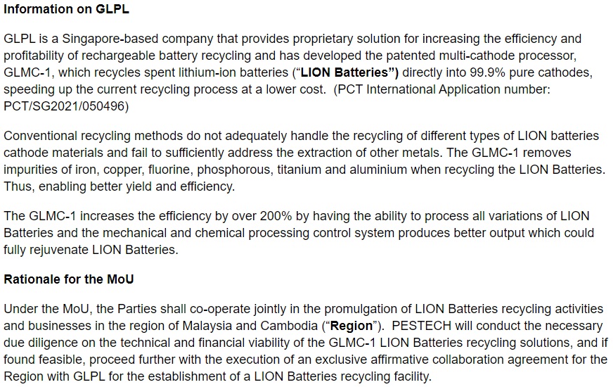 Announcement: MOU between PESTECH and Green Li-Ion Pte Ltd 130122 - 02