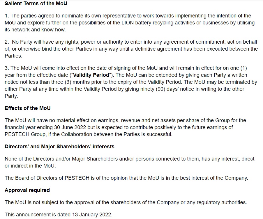 Announcement: MOU between PESTECH and Green Li-Ion Pte Ltd 130122 - 03