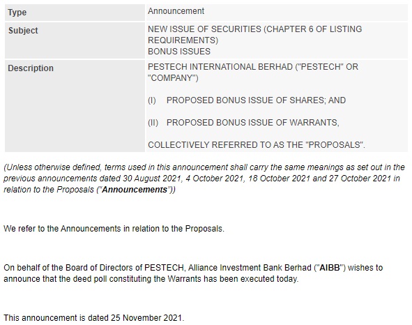 Announcement: New Issue of Securities 251121 - 01