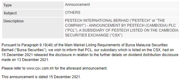 Announcement: PESTECH Cambodia Dividend Distribution Disclosure 151221 - 01