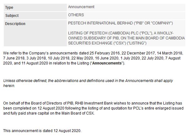 PESTECH (Cambodia) Officially Listed in CSX-01