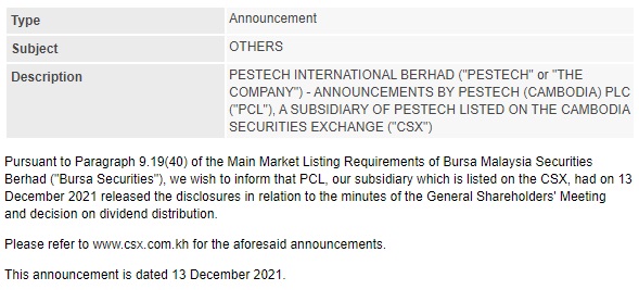Announcement: PESTECH Cambodia minutes of the General Shareholders' Meeting 131221 - 01