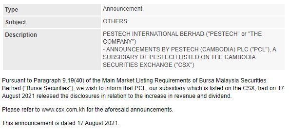 Announcement: PESTECH Cambodia Increase in Revenue and Dividend 170821 - 1