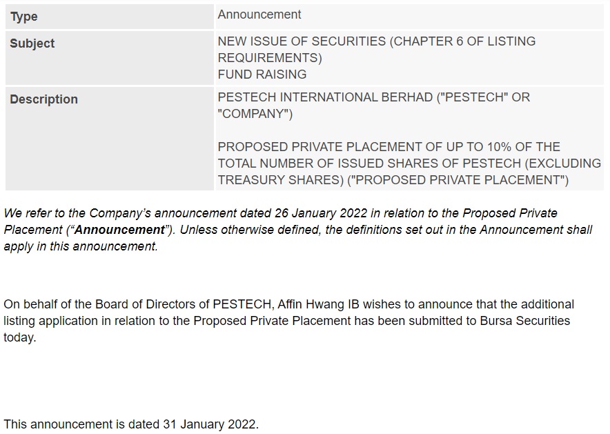 Announcement: PESTECH Submission of Additional Listing Application for the Proposed Private Placement 310122 - 01