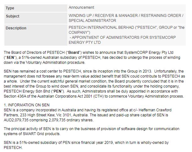 Announcement: Appointment of Administrators For Systemcorp Energy - 01