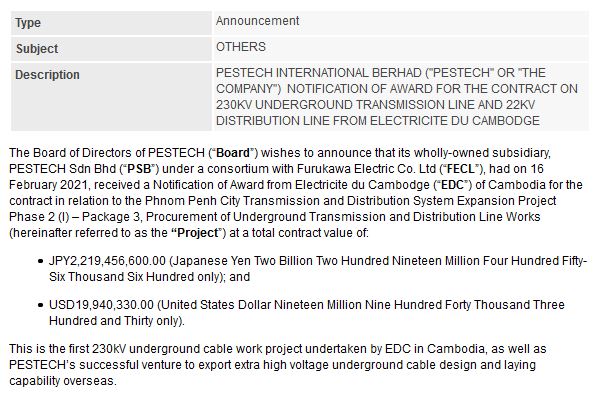 Announcement: Notice of Award 230kB Underground Transmission Line & 22kV Distribution Line 16022021 - 01
