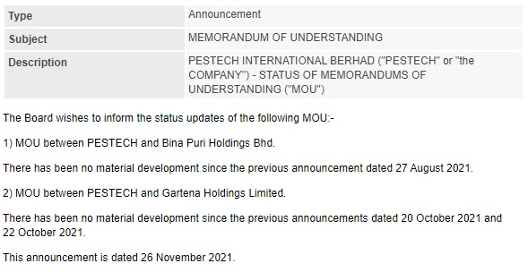Announcement: Status of MOUs 261121 - 01