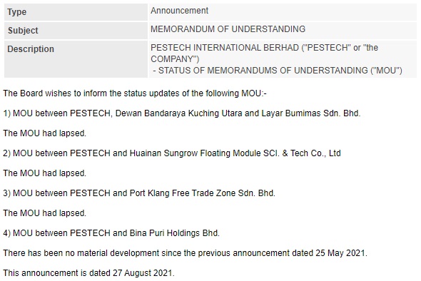 Announcement: Status of MOUs 270821 - 01