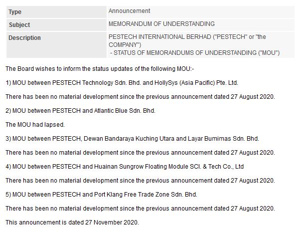 Announcement: Status of MOUs 27112020 - 01