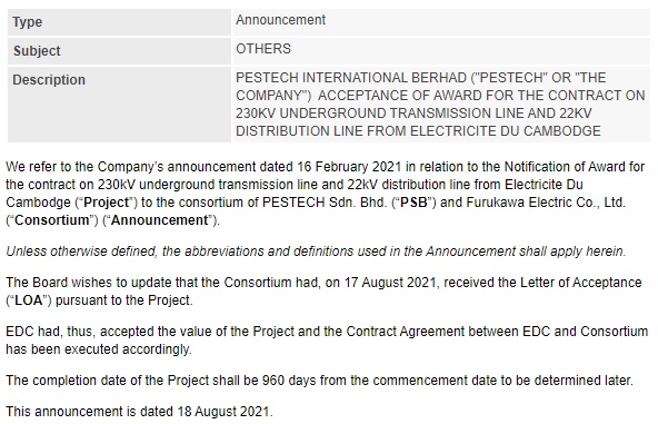 Announcement: Acceptance of Award for the Contract 180821 - 1