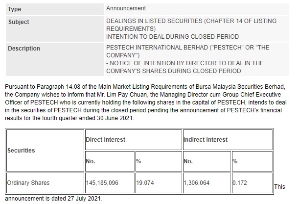 Announcement: Deal During Closed Period 270721 - 01