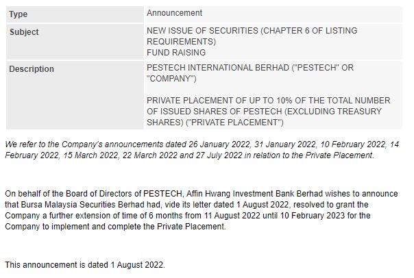Announcement: Fund Raising Private Placement 01082022 - 01