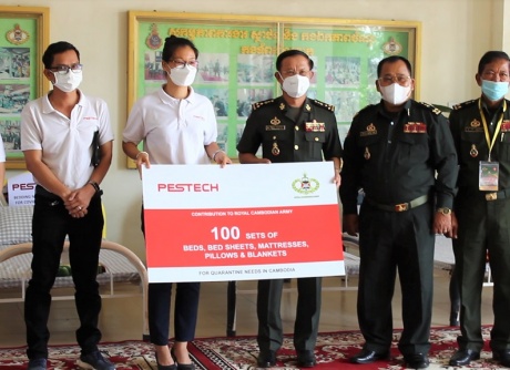 Employees of PESTECH presented bedding items to the Royal Cambodian Army